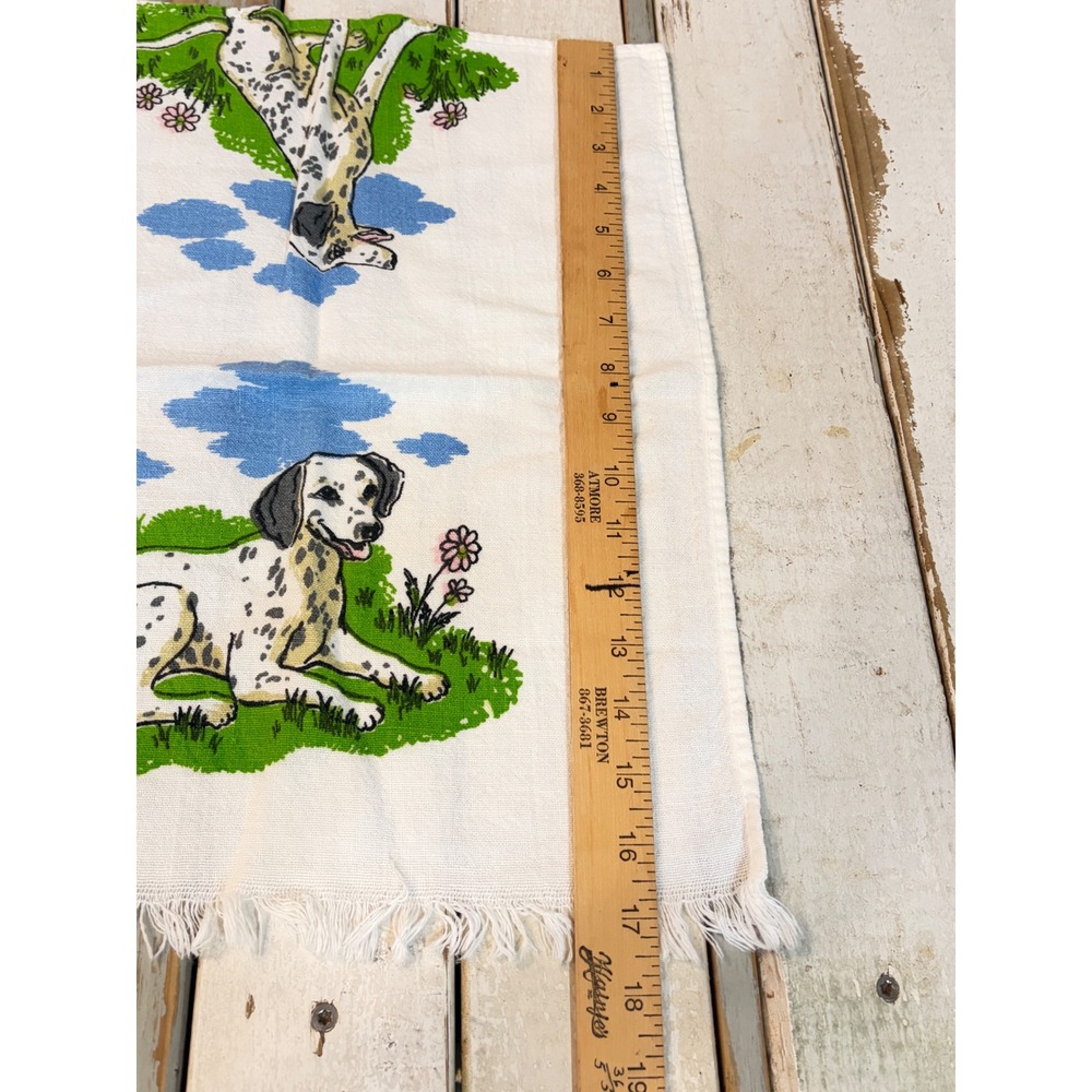 Vintage Dalmatian Dog Linen Tea Towel White Fringe Kitchen Hand Towel Retro - Picture 3 of 8